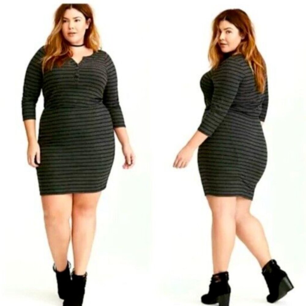 NEW TORRID women's plus size 2X striped henley black gray striped bodycon dress